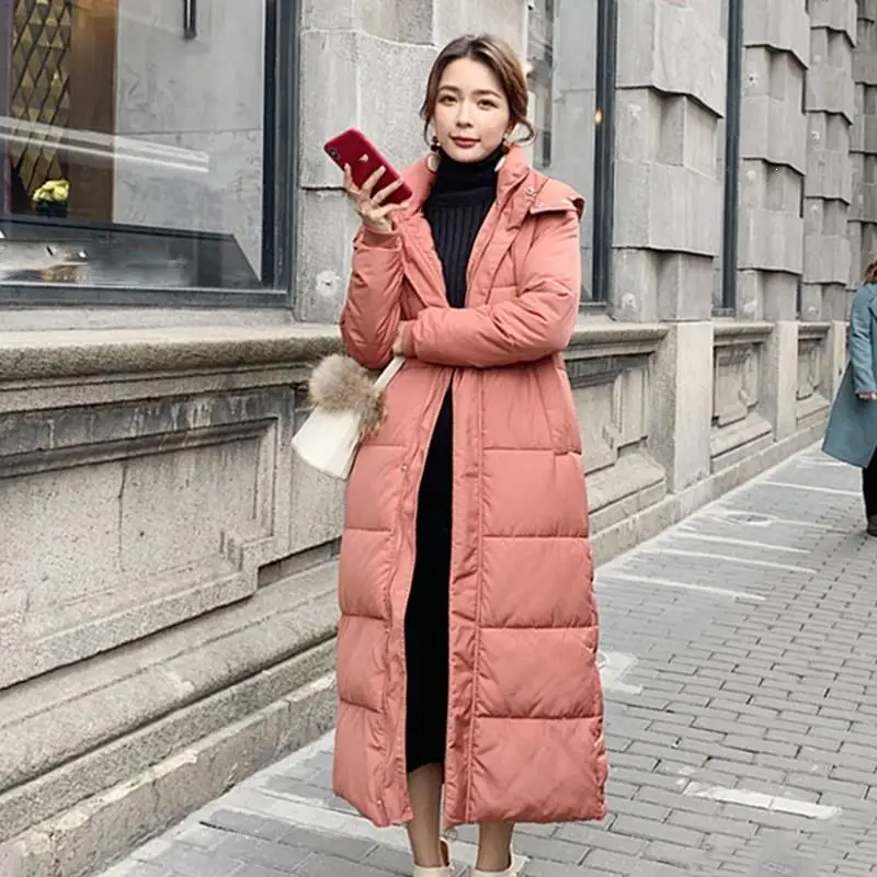 Парка со стоячим воротником, зимнее женское пальто большого размера, Женская длинная пуховая хлопковая куртка с капюшоном, однотонная женская осенняя парка на молнии - Цвет: Красный