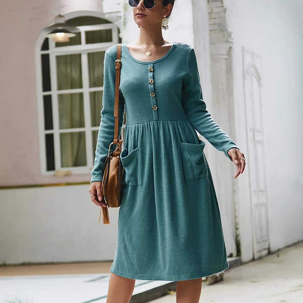 

Fadzeco Warm Knitted Swing Dresses Women Autumn Winter Long Sleeve O Neck Single Breasted Midi Dress Female Casual Dress