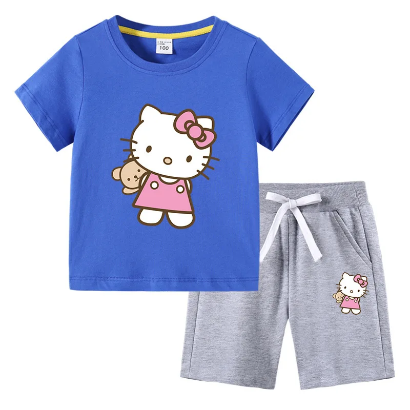 thumbnail image 1 of Camiseta con estampado de dibujos animados de verano de Hello Kitty + Pantalones casuales traje de dos piezas de manga corta de algodón para niños y niñas pueden usar, 1 of 5
