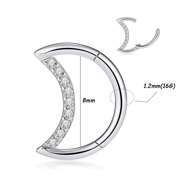 361L Surgical Steel Septum Clicker Crystal Moon Hoop Nose Ring Ear Tragus Cartilage Daith Earring 16G Piercing Body Jewelry