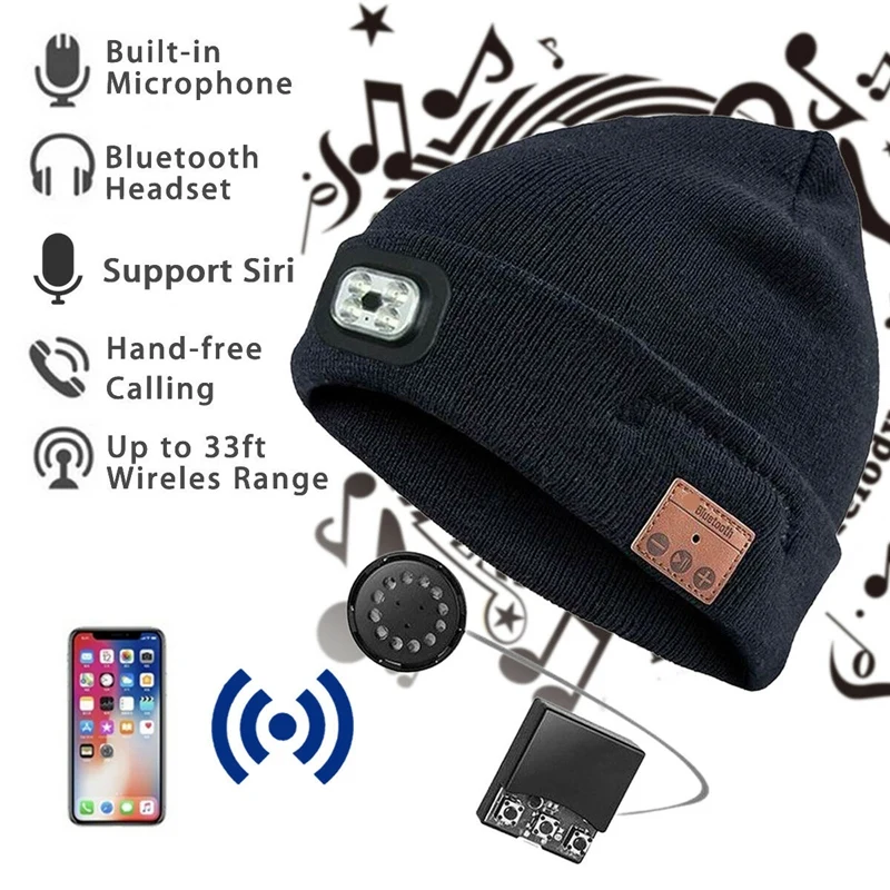 Светодиодная стерео Bluetooth шапка беспроводная гарнитура вязаная шапочка шапка батарея наружная крышка