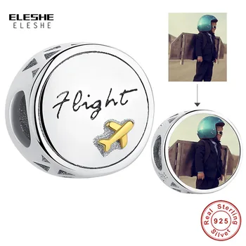 

925 Sterling Silver Customize Photo Beads Round Aircraft Flight Charms Fit Original ELESHE Bracelet Charm Silver 925 DIY Jewelry