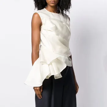 

Women Ruffles Tank Tops Asymmetrical Semi Sheer Shirt