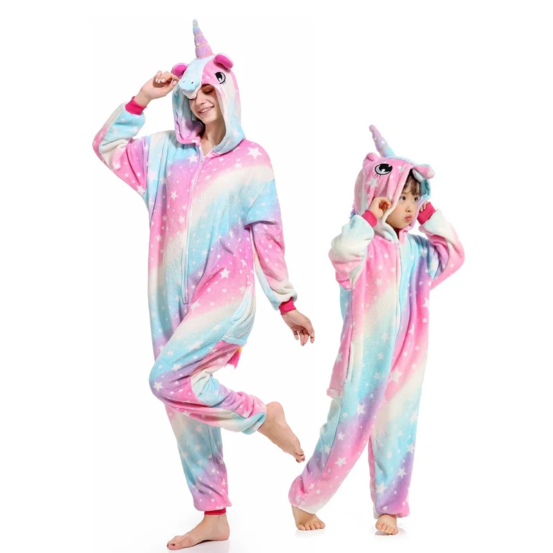 Kigurumi/пижамы с единорогом для взрослых и детей; Одинаковая одежда для семьи с изображением животных для мамы и дочки; зимние фланелевые пижамы для женщин и детей