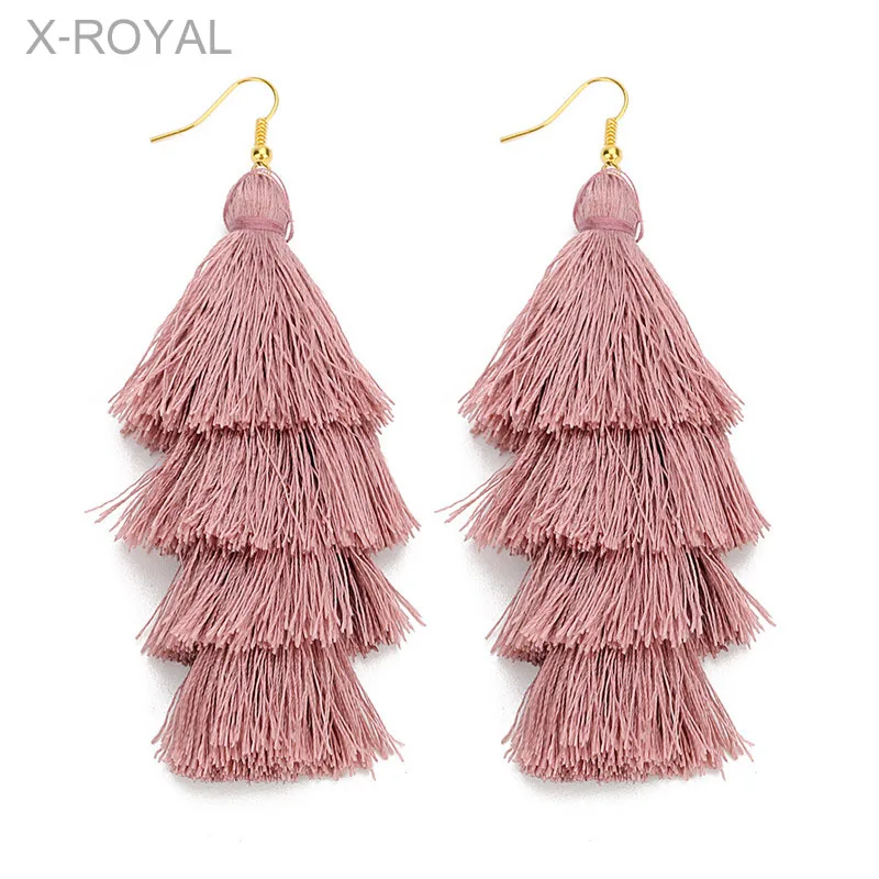 

X-ROYAL Bohemian Ethnic Multi-layers Tassel Earrings Women Long Dangle Drop Statement Earring 4 Layered Boho Tassel Jewelry 2019
