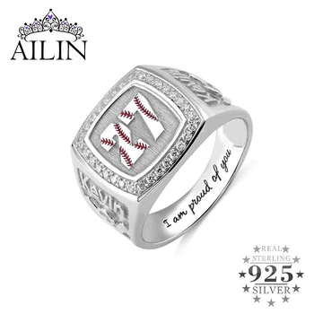 

AILIN Men 925 Silver Ring Personalized Name Sport Rings for Men with Baseball Textured Number Birthstone Custom Inside Engraving