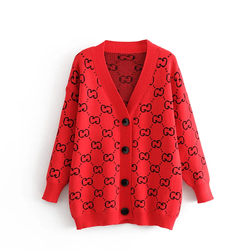 

2019Fashion Women Autumn Cardigan Retro Sweaters Loose V-Neck Long Sleeve Letter Knitted Sweater Female Elegant Outwear