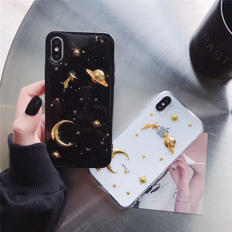 3D gold universe planet moon Starry sky Phone Case For iPhone 12 11 Pro Max XR XS X mini 6 7 8 Plus case Cute soft cover | Мобильные