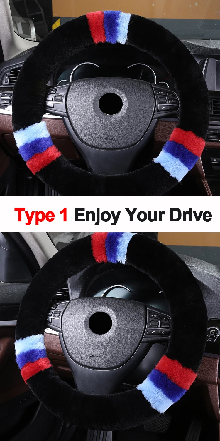 Wool True Leather Car Steering Wheel Cover Fit For 36-42 CM 14.2"-16.5" Braid on Steering-Wheel Auto Carpet Winter Warm Soft