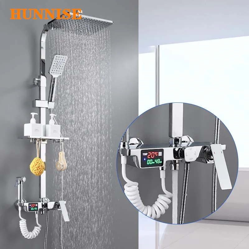 

Bathroom Shower Faucet Digital Bath Shower Mixer Set Solid Brass Bathtub Faucet Luxury Polished Chrome Thermostatic Shower Set