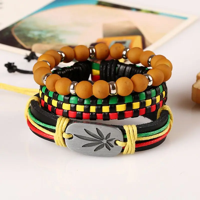 3 шт ямайские Кожаные плетеные браслеты из конопляного шнура