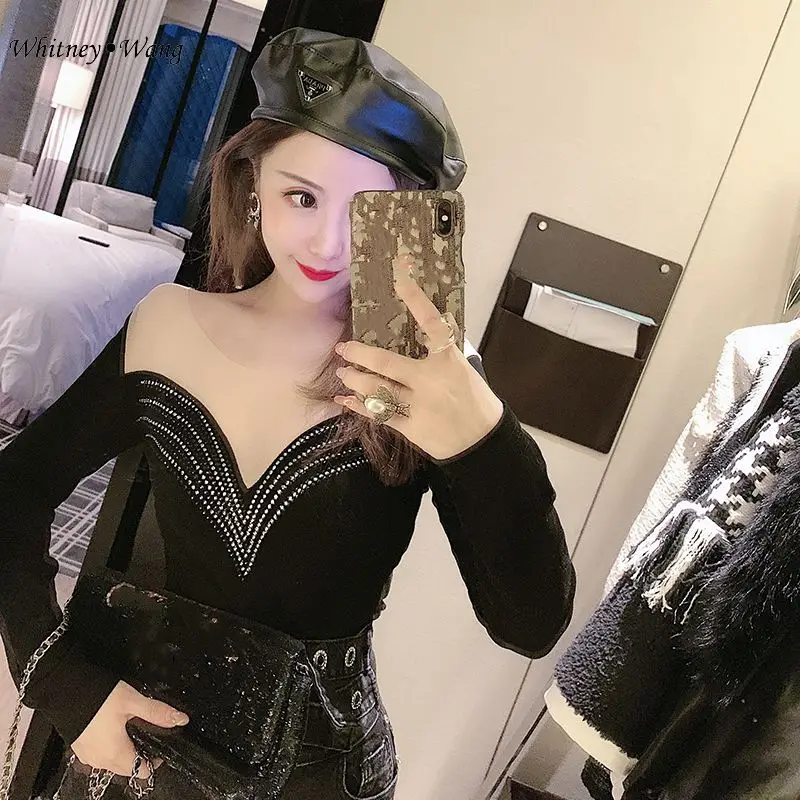 WHITNEY WANG футболка Весенняя модная Уличная Сексуальная сетчатая Лоскутная тонкая футболка с бриллиантами Женская футболка Женские топы