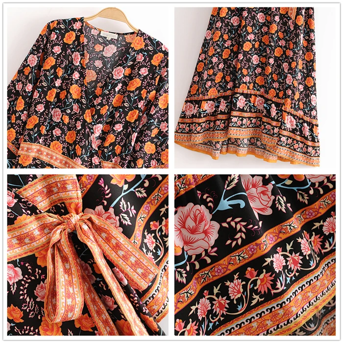 Chu Sau beauty Boho шикарное платье с розовым цветочным принтом, платье с запахом, женское праздничное платье с бантом и поясом, миди платья, женская модная пляжная одежда