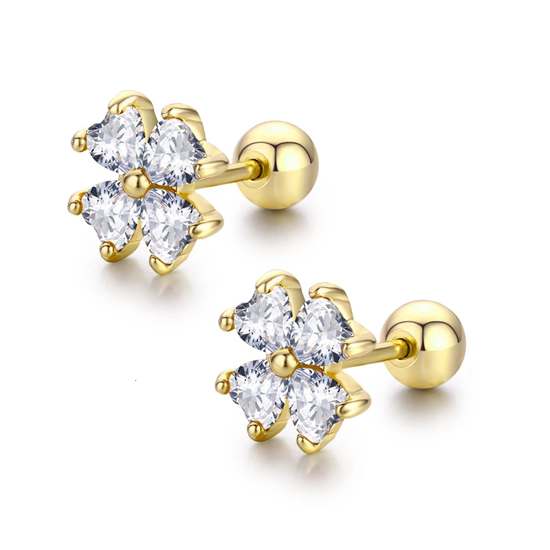 Симпатичные Сердце вырезанные CZ камни цветок клевера закручивающаяся задняя часть серьги гвоздики для женщин Маленьких Девочек Золотой пирсинг ювелирные изделия Oorbellen
