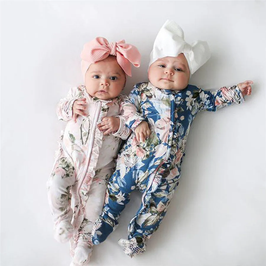 Baby sports pajamas long sleeve floral print wrap feet haile warm pajamas comfortable baby climbing clothes + headband 40A1 (3)