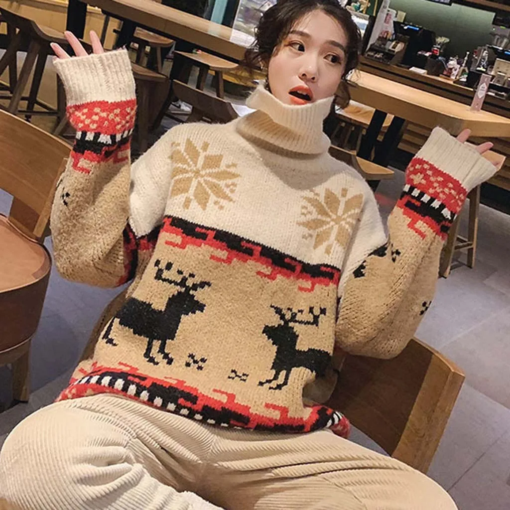 Pull femme nouveaute, Рождественский свитер для женщин, круглый вырез, длинный рукав, веселый принт с рождественским лосем, вязаный свитер, пуловер, Джерси - Цвет: Beige