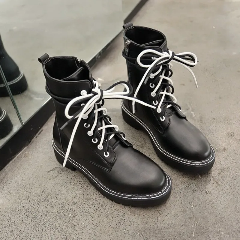 

Womens Round Toe Ankle Martin Boots Lace Up Straps Punk Motorcycle Black Shoes Girls British Style Fashion New A1537