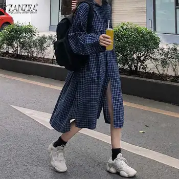 

ZANZEA Women Long Sleeve Blouses 2020 Vintage Plaid Check Shirts Casual Buttons Down Long Tunic Tops Cardigan Blusas Femininas 7