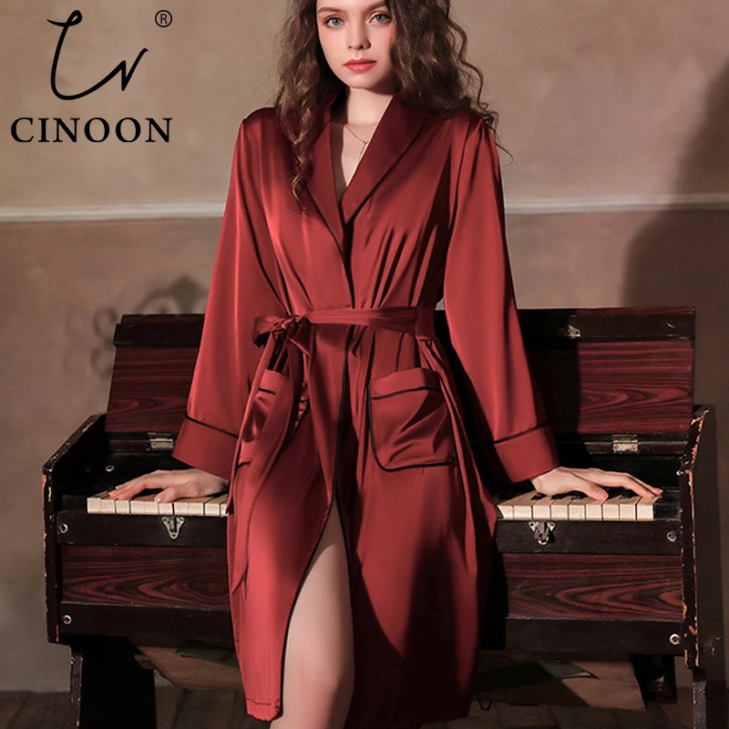 Атласный халат CINOON женское интимное нижнее белье одежда для сна Шелковый
