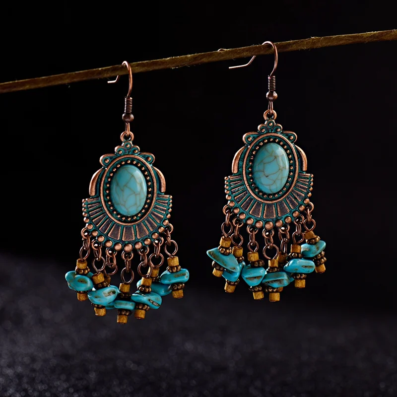 

TopHanqi Boho Jewelry Earring Bohemian Vintage Ethnic Blue Natural Stone Tassel Water Drop Earrings For Women Girls Pendientes