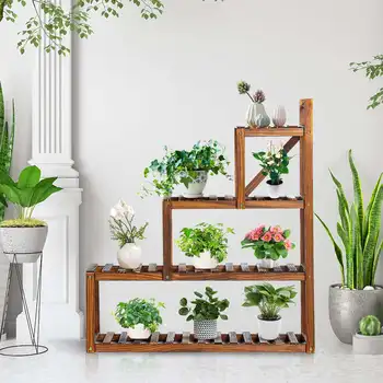 

Carbonized Wooden Plant Stand Pot Durable Plant shelf Flower pot stand Storage Rack Plant Holder Outdoor Furniture Decoration