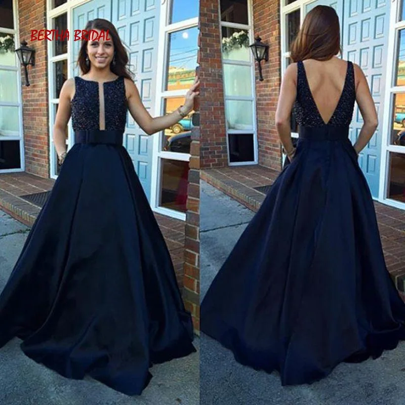 Stunning Navy Blue Prom Dresses Square Neck Low Back A Line Beaded Long Prom Dresses Satin Party Gown With Pocket