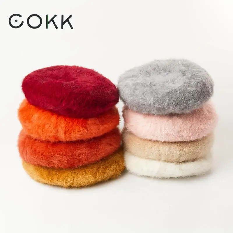 

COKK Winter Rabbit Fur Beret Painter Cap Lady Fashion Warm Knitted Womens Hats Gorras Beret Cap Chapeau Femme Vintage Bonnet