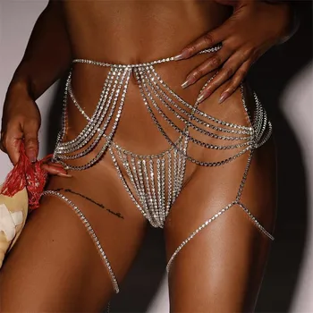 

2020 Celebrity Hollow Out Shiny Diamonds Body Chain Adjustable Metal Chain Cover Up Bikini Handmade Rhinestone Thong Night Club