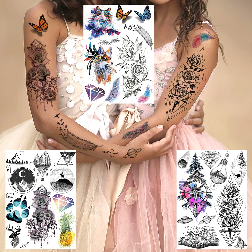 Beautiful Rose Peony Planets Temporary Tattoos For Women Girls Body Art Tatoos Realistic Fake Geometric Fox Elk Painting |