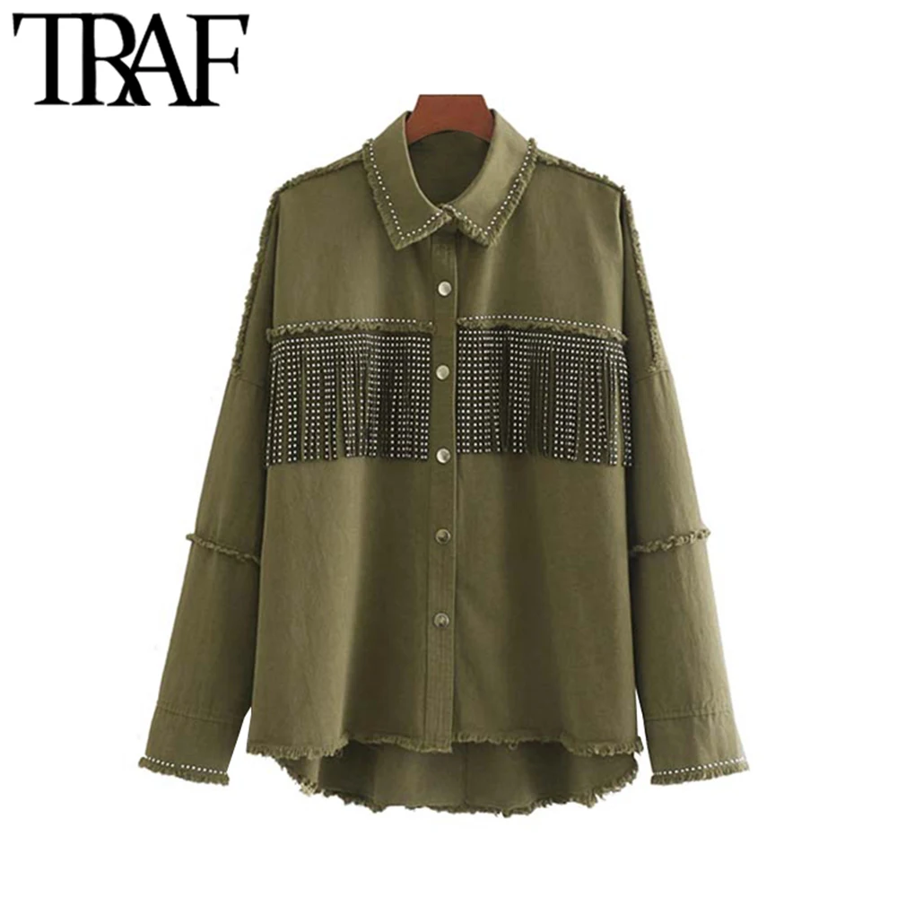

TRAF Women Stylish Fringe Beaded Oversized Jacket Coat Long Sleeve Frayed Trim Tassel Ladies Outerwear Chaqueta Mujer Chic Tops