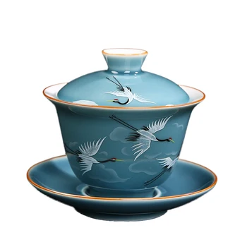 

Chinese Kung Fu Tea Set Teacup Ceramic Gaiwan Glaze Blue Tea Bowl Saucer Teapot Crane Pattern Teaware Drinkware As Birthday Gift