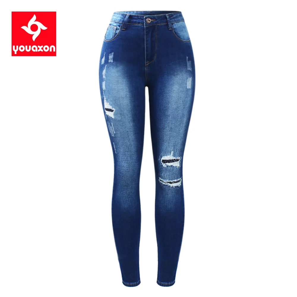 2171 Youaxon New Classic Patchwork Extended Jeans Woman Stretchy Ripped Denim Pants Trousers For Women Pencil Skinny Jeans