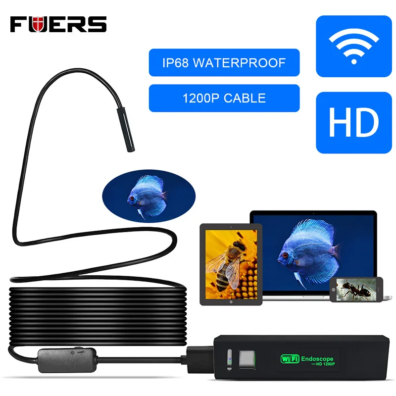 FUERS-cámara endoscópica WIFI HD, 1200P, 8mm, impermeable, Cable duro, inspección, Mini cámara para IOS, Android, Windows