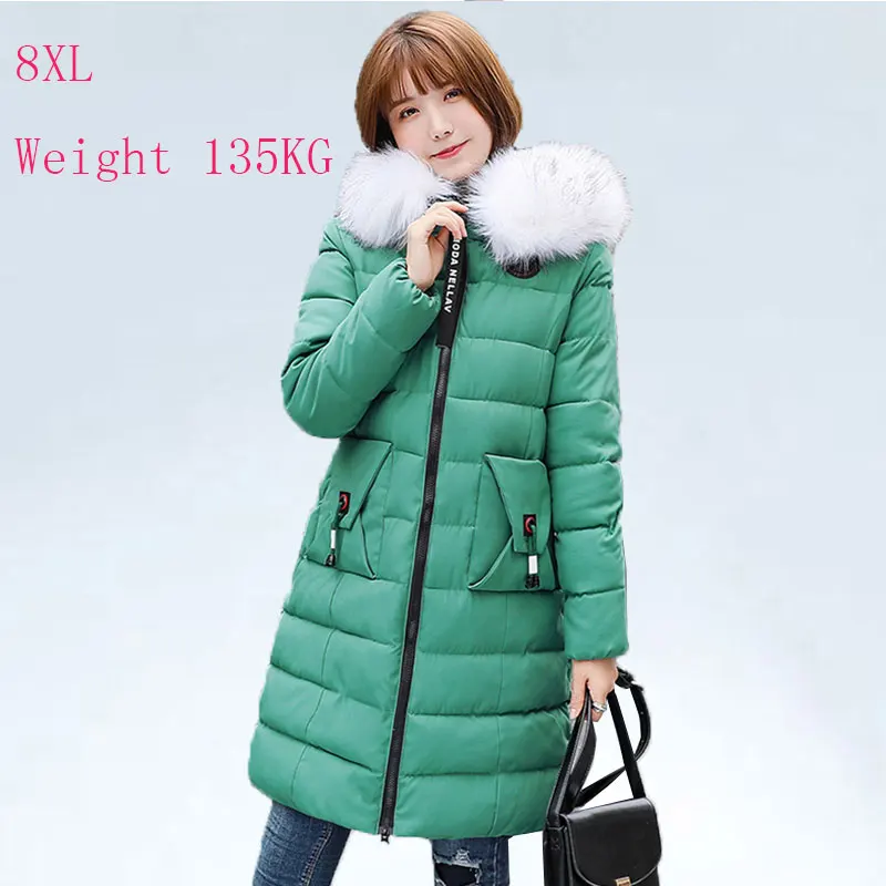 Green 135 кг размера плюс 8XL зимняя женская куртка модная длинная теплая парка с капюшоном пуховик Повседневный более размер d зимнее пальто для женщин - Цвет: Green