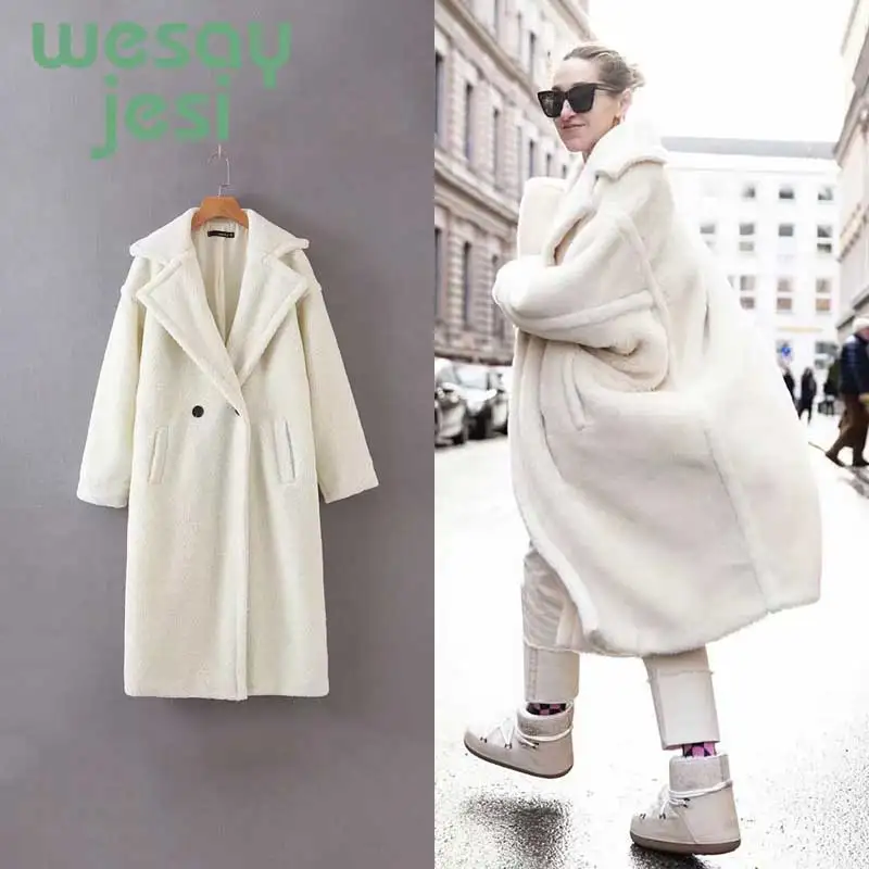 Женская зимняя Длинная шерстяная куртка, Женская Толстая теплая куртка с длинным рукавом и отложным воротником в Корейском стиле, бархатная Женская куртка