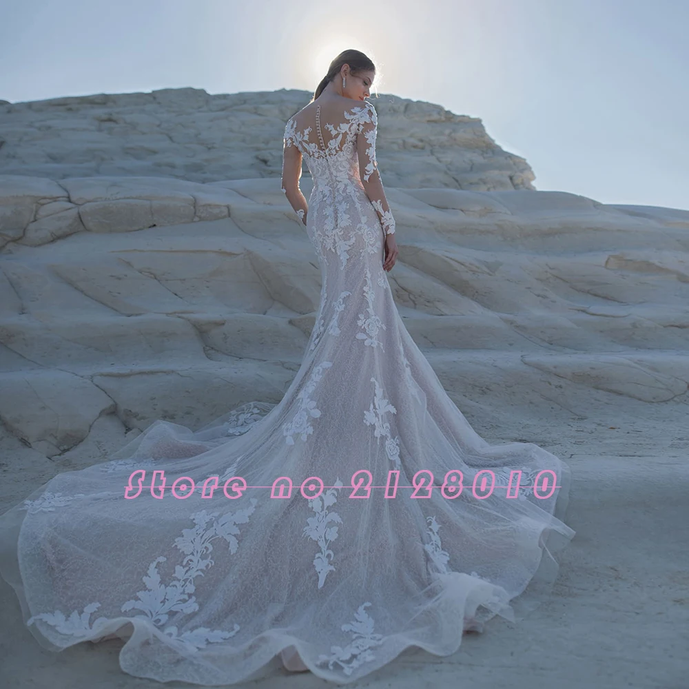 С длинным рукавом Русалка свадебное платье-бохо со съемным шлейфом; Robe De Mariage сирен аппликации кружево расклешенные к низу Китай(материк