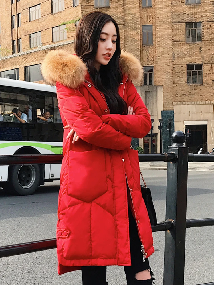 Женский пуховик Осень-зима пальто Женская куртка корейский меховой воротник пуховики для женщин одежда красный Топы ZT3839