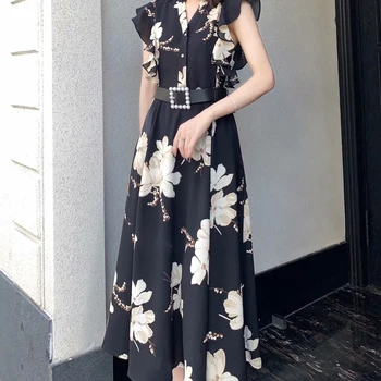 

2020 Runday Women Summer Dress High Quality Butterfly Sleeve Sexy V-Neck Belted Midi Party Dress Floral Print Vestidos Mujer