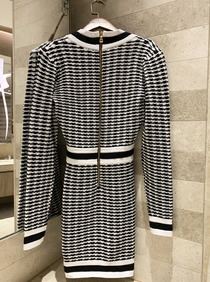 Ladies sexy striped V-neck bag hip dress autumn winter quality long-sleeved party queen exquisite slim knit dress