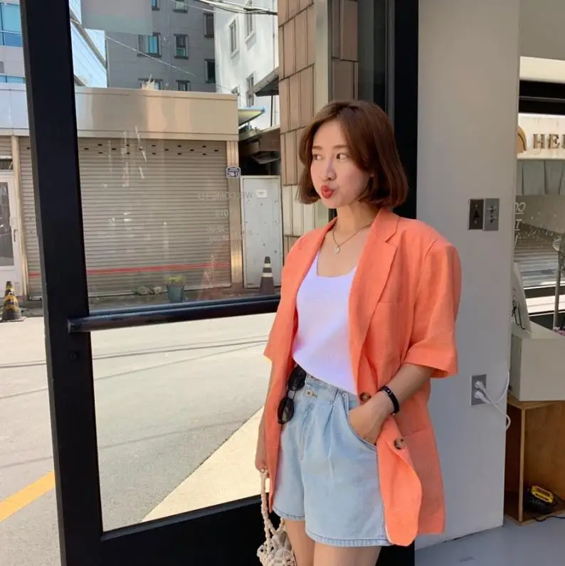 

South Korea CHIC Summer New Style by Age Versatile Flax Candy Orange Thin Small Suit