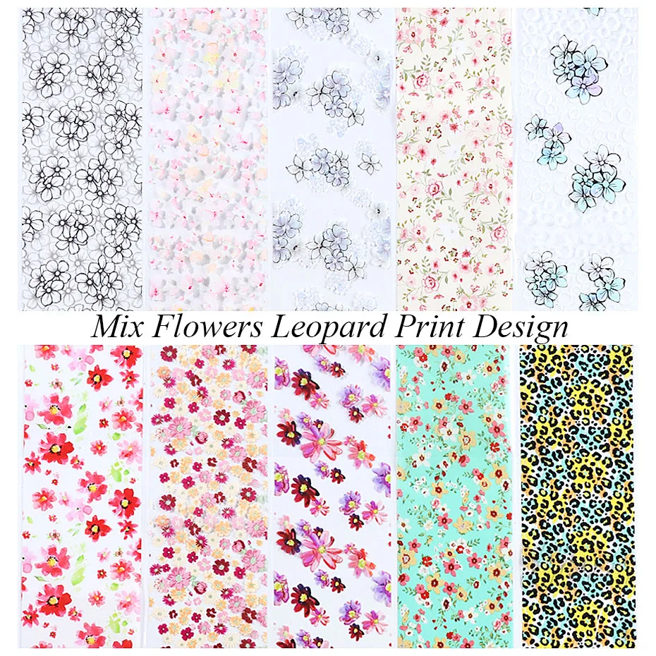 10pc Flower Nail Foil Set Transfer Sticker Leopard Nail Art Decals Decor Design Colorful Sliders For Nail Wrap Manicure LAXK9144