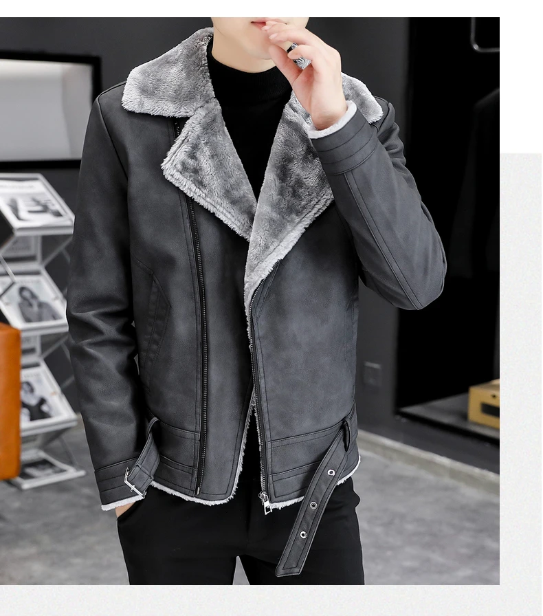 New autumn and winter men's plush thick faux leather coat casual suede men's PU warm motorcycle jacket high-end men's clothing men's genuine leather coats & jackets with hood