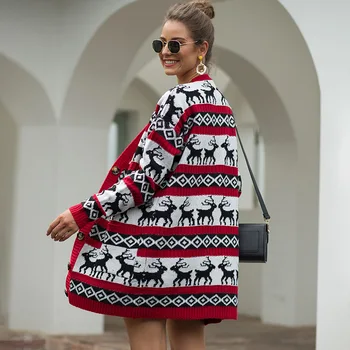 

2019 European Style Knit Coat Woman Autumn Chirstmas Cartoon Deer Sweater Long Sleeve Cardigan Female Sweater