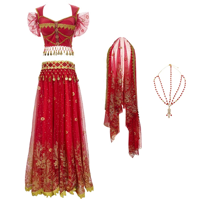Festival Arabian Princess Costumes Indian Dance Embroider Bollywood Jasmine Costume Party Cosplay Jasmine Princess Fancy Outfit Red 3 - 5 pcs Set
