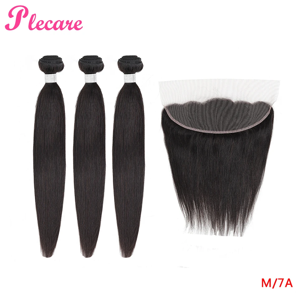 

Plecare 3 Bundles With Frontal Peruvian 100% Human Hair Middle Ratio Straight Bundles Non-remy Natural Color 8-30 Inch Bundles