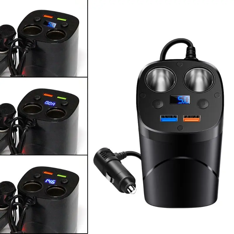 

12V 24V QC3.0 Dual USB Car Fast Charger Cup Charging Voltage Current Display With 2 Cigarette Lighter Socket For Smartphone Tabl