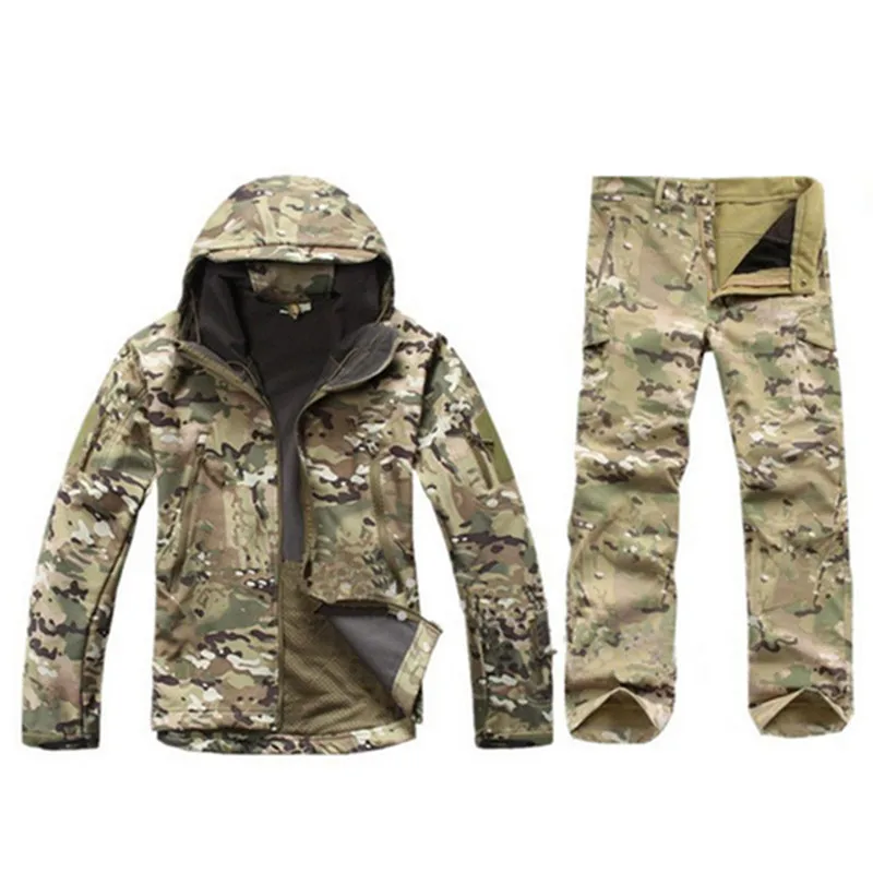Камуфляжная тактическая флисовая куртка, набор, Мужская Военная ветрозащитная Водонепроницаемая теплая куртка для походов, охоты, брюки, костюм, тренировочная форма