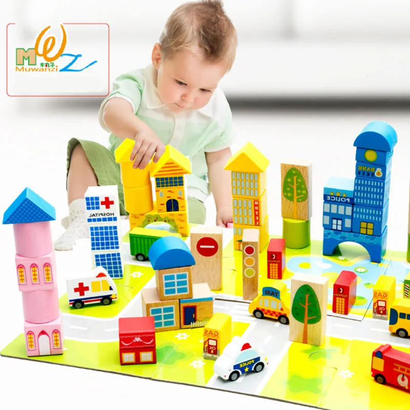 

62 Pieces Urban Traffic Scene Building Blocks Wooden Cognition Toys Children's Classic Early Educational Blocks Training Toy