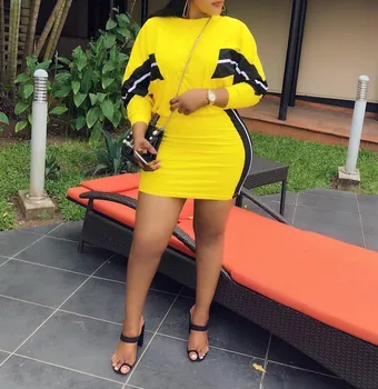 

Women Set Suit Striped Patchwork Yellow Two Piece Skirt Set Long Sleeve Top + High Waist Mini Skirts Matching Sets Club Outfits