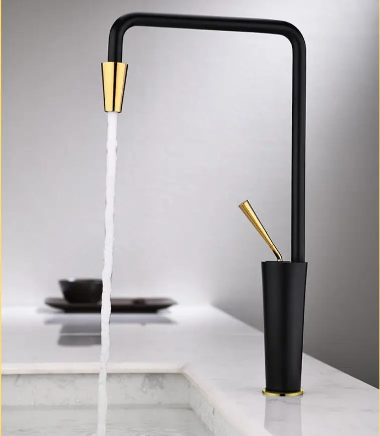 Цвет: желтый Vidric New Arrival Brush gold/Black Bathroom Basin Faucet Single Handle Mixer Tap Deck Mounted Hot And Cold Tap Sink Faucet - Цвет: Цвет: желтый